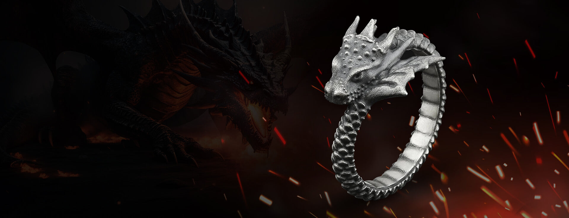 Mystical dragon-shaped jewellery against a dark dragon banner