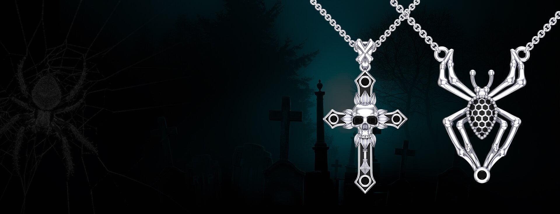 A dark and mysterious banner showcasing gothic skull and spider pendant jewelry, evoking a sense of intrigue and gothic elegance