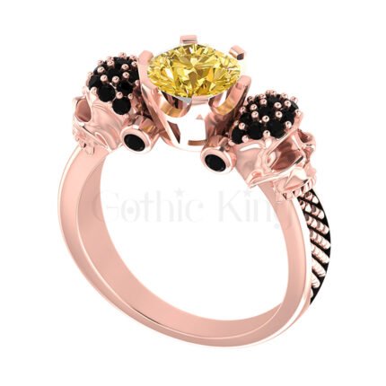 2Ct Round Cut Yellow and Black Diamond Gothic Skull Engagement Wedding Ring Sterling Silver Rose Gold Finish