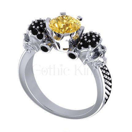 2Ct Round Cut Yellow and Black Diamond Gothic Skull Engagement Wedding Ring Sterling Silver White Gold Finish