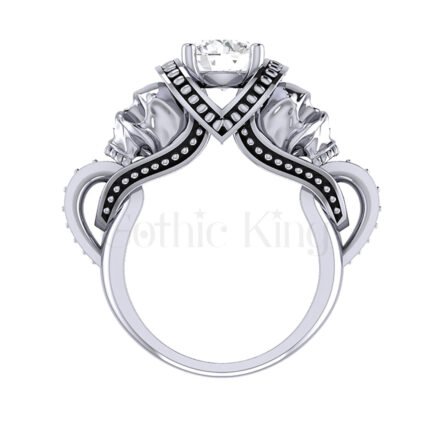 2Ct Round Cut White and Black Diamond Engagement Wedding Ring Gothic Skull Sterling Silver White Gold Finish