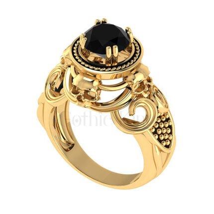 2.5Ct Round Cut Black Diamond Gothic Skull Engagement Wedding Ring Sterling Silver Yellow Gold Finish