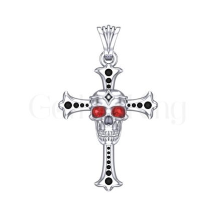 2Ct Gothic Skull Round Cut Red Diamond Engagement Wedding Christ Cross Pendant Sterling Silver White Gold Finish