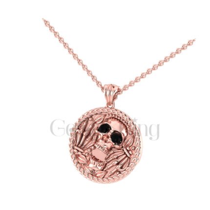1.00Ct Round Cut Black Diamond Engagement Wedding Gothic Skull Leaf Skull Pirates Coin Pendant Sterling Silver Rose Gold Finish