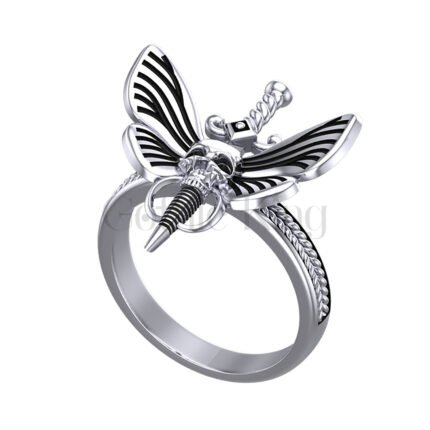2.00Ct Round Cut Black Diamond Gothic Skull Death Head Moth Engagement Wedding Ring Sterling Silver White Gold Finish