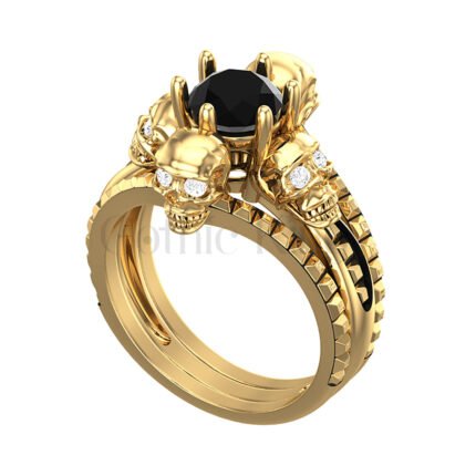 2.5Ct Round Cut Black & White Diamond Gothic Skull Trio Set Engagement Wedding Ring Sterling Silver Yellow Gold Finish