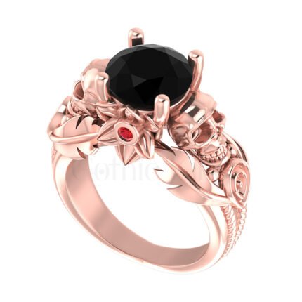 2Ct Round Cut Black Diamond Flower Style Gothic Skull Engagement Wedding Ring Sterling Silver Rose Gold Finish