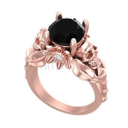 2Ct Round Cut Black Diamond Flower Leaf Style Gothic Skull Engagement Wedding Ring Sterling Silver Rose Gold Finish