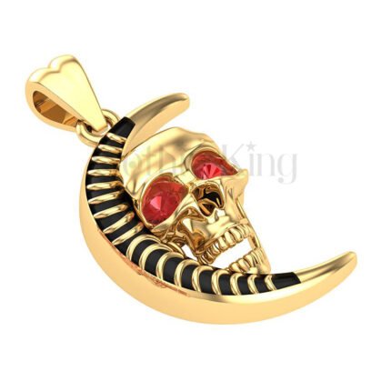 1Ct Round Cut Red Diamond Engagement Wedding Gothic Skull Half Moon Style Pendant Sterling Silver Yellow Gold Finish