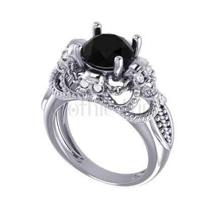2Ct Round Cut Black Diamond Gothic Skull Engagement Wedding Ring Sterling Silver White Gold Finish