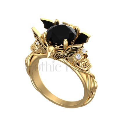 1.5Ct Round Cut Black Diamond Gothic Skull Vampire Bat Style Engagement Wedding Ring Sterling Silver Yellow Gold Finish