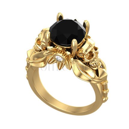 2Ct Round Cut Black Diamond Flower Leaf Style Gothic Skull Engagement Wedding Ring Sterling Silver Yellow Gold Finish