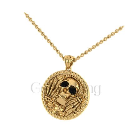 1.00Ct Round Cut Black Diamond Engagement Wedding Gothic Skull Leaf Skull Pirates Coin Pendant Sterling Silver Yellow Gold Finish