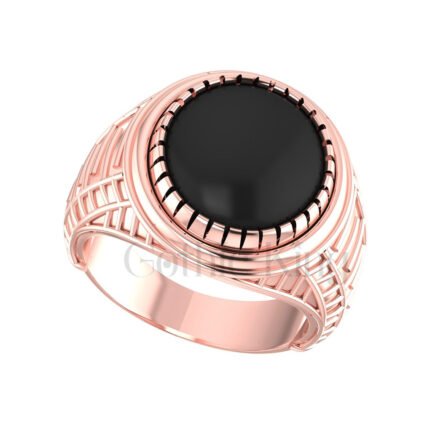 Round Cut Black Gemstone Gothic Retro Style Grooved Stripe Men's Engagement Wedding Ring Sterling Silver Rose Gold Finish