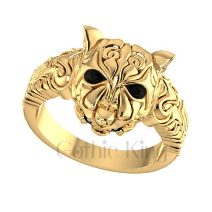 1.00Ct Round Cut Black Diamond Gothic Panther Face Vintage Engagement Wedding Ring Sterling Silver Yellow Gold Finish
