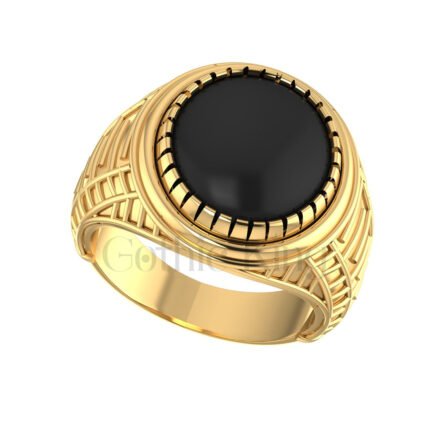 Round Cut Black Gemstone Gothic Retro Style Grooved Stripe Men's Engagement Wedding Ring Sterling Silver Yellow Gold Finish